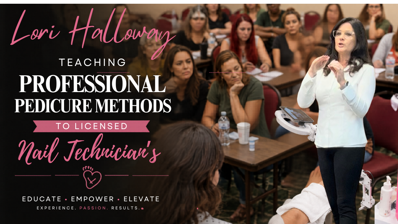 Lori Halloway teaching professional pedicure methods to licensed nail technicians